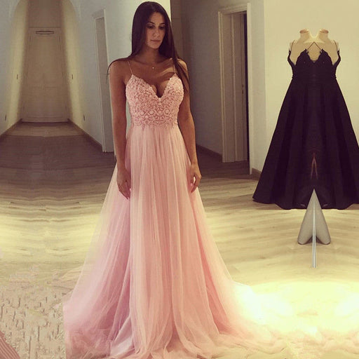 Pink Tulle Lace Spaghetti-Straps Prom Dress