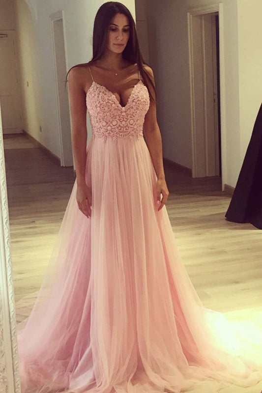 Pink Tulle Lace Spaghetti-Straps Prom Dress