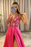 Pink V-Neck A-Line Long Prom Dress with Slit and Lace Appliqu¨¦s