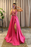 Pink V-Neck A-Line Long Prom Dress with Slit and Lace Appliqu¨¦s