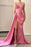 Pink V-Neck Beads Long Slit Mermaid Evening Dress with Ruffles