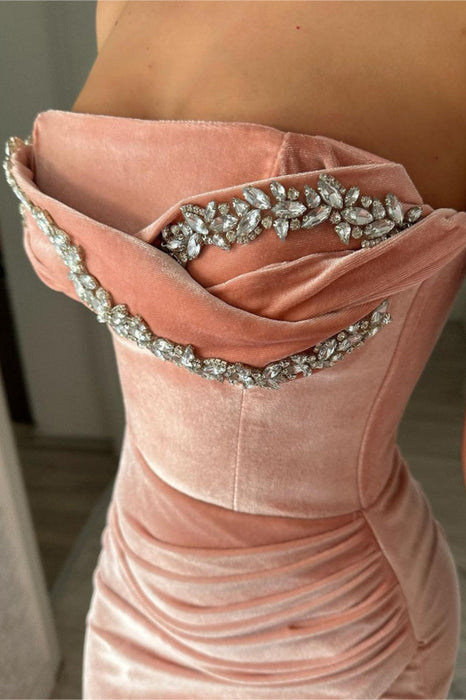 Pink Velvet Prom Dress with Beadings, Slit, Sleeveless Design