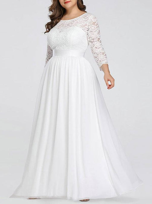 Plus Size A-line Wedding Dresses Floor-Length 3/4 Length Sleeves Lace Jewel Neck Bridal Gowns