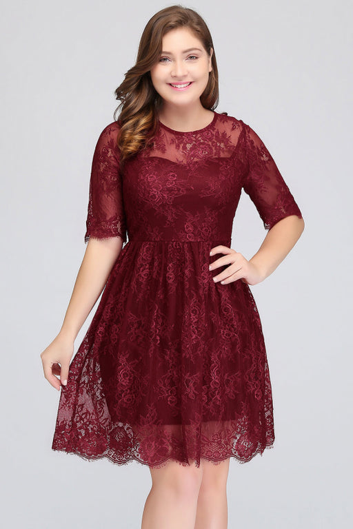 Bridelily Plus size Jewel Burgundy Affordable Bridesmaid Dress with Short Sleeves