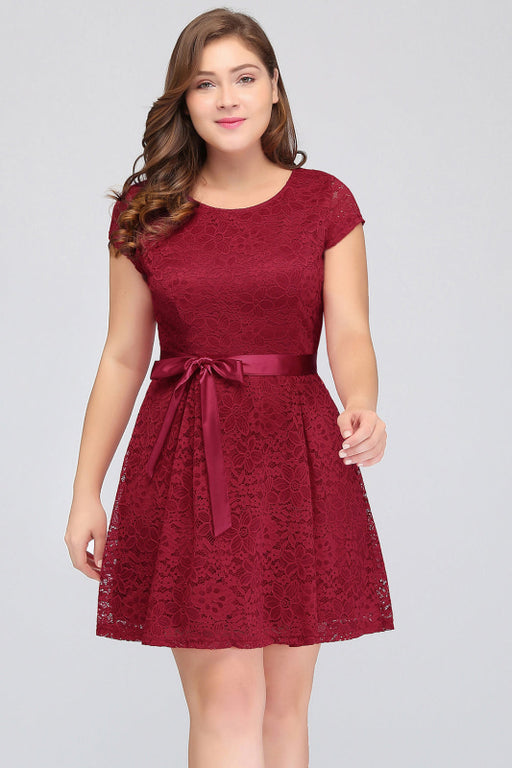 Bridelily Plus Size A-Line Jewel Burgundy Lace Bridesmaid dress with Short Sleeves