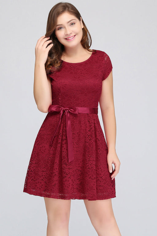 Bridelily Plus Size A-Line Jewel Burgundy Lace Bridesmaid dress with Short Sleeves