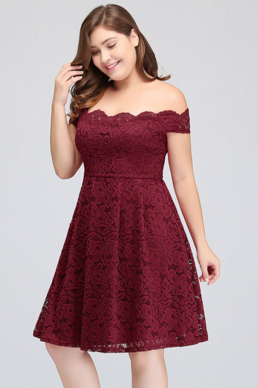 Bridelily Plus Size Off-the-Shoulder Burgundy Lace Short Bridesmaid Dress Online