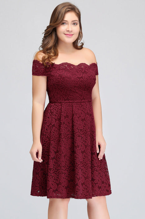 Bridelily Plus Size Off-the-Shoulder Burgundy Lace Short Bridesmaid Dress Online