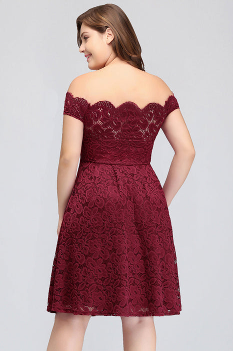 Bridelily Plus Size Off-the-Shoulder Burgundy Lace Short Bridesmaid Dress Online