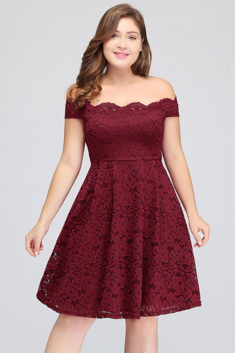 Bridelily Plus Size Off-the-Shoulder Burgundy Lace Short Bridesmaid Dress Online