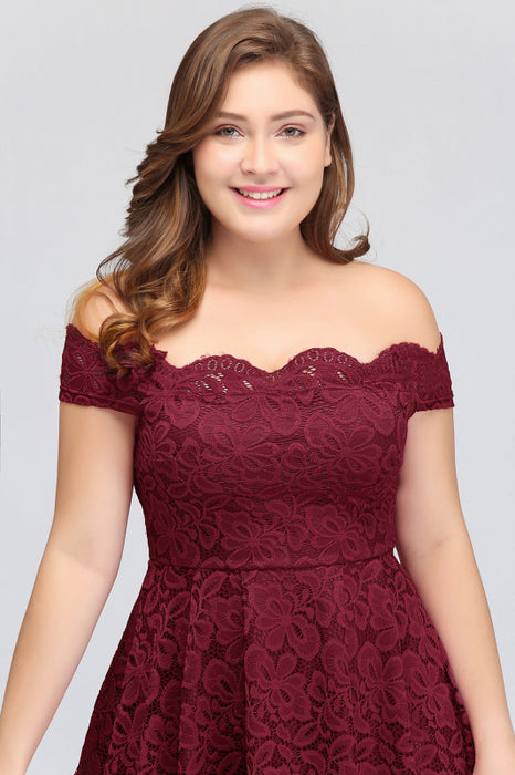 Bridelily Plus Size Off-the-Shoulder Burgundy Lace Short Bridesmaid Dress Online