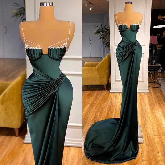 Prom Dress: Dark Green Spaghetti-Straps Mermaid