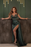 Prom Dress Dark Green V Neck Wide Shoulder Strap Slit Beadings