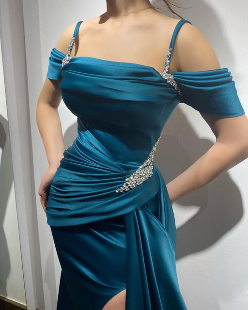 Prom Dress Ink Blue Spaghetti Strap Charmeuse Sleeveless High Slit