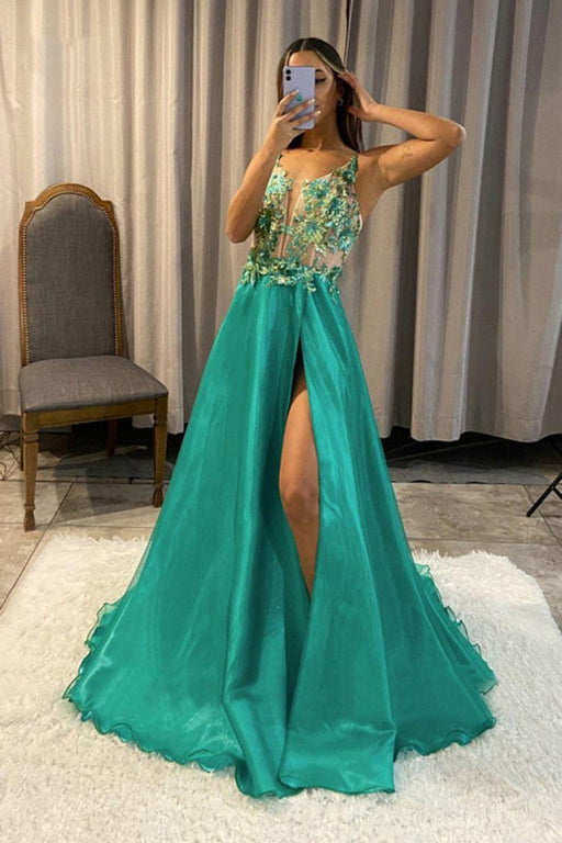 Prominent: Green V-neck Appliques A Line Long Prom Dress with Slit