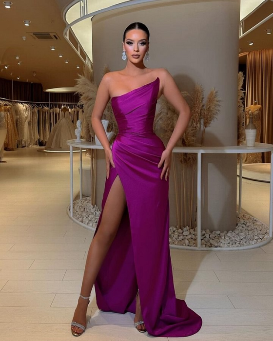 Purple Asymmetric Mermaid Prom Dress Strapless Pleated Slit Ball Gown