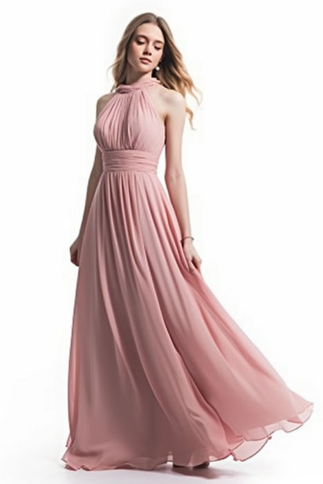 Purple Halter Sleeveless Long Chiffon Prom Dress with Pleats