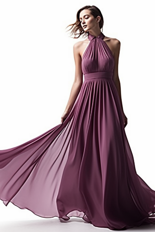 Purple Halter Sleeveless Long Chiffon Prom Dress with Pleats