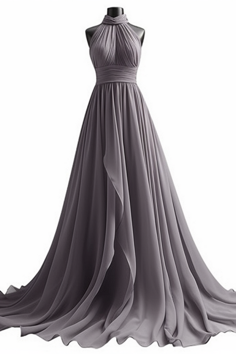 Purple Halter Sleeveless Long Chiffon Prom Dress with Pleats