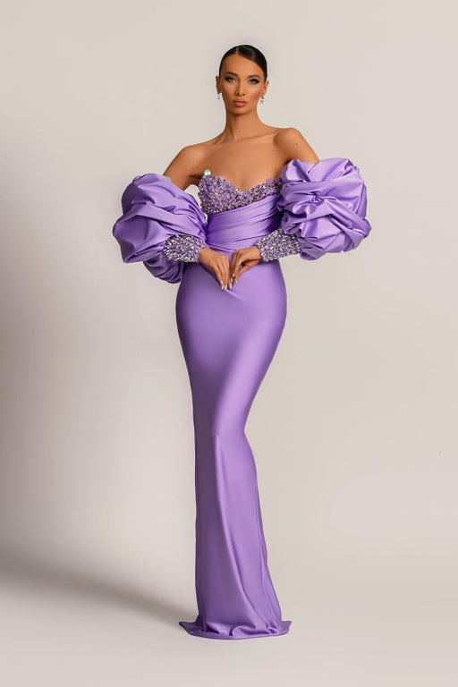 Purple Mermaid Prom Dress with Bubble Sleeves