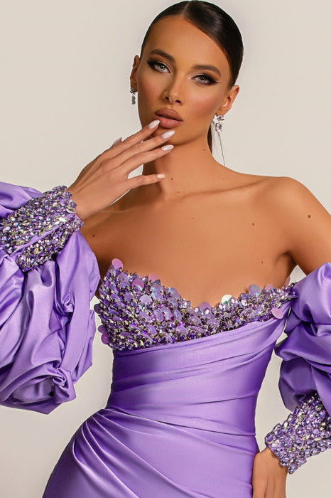 Purple Mermaid Prom Dress with Bubble Sleeves