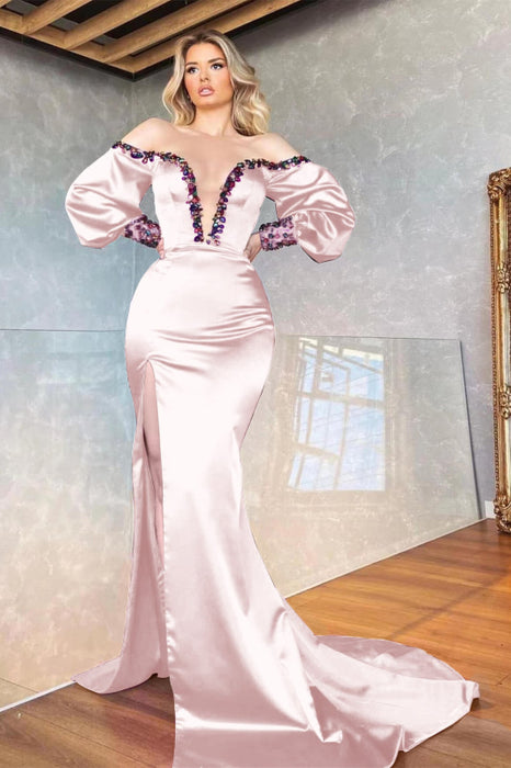 Purple Off-the-Shoulder V-Neck Beaded Long Sleeve Mermaid Prom Dress with Front Split