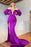 Purple Off-the-Shoulder V-Neck Beaded Long Sleeve Mermaid Prom Dress with Front Split