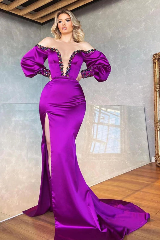 Purple Off-the-Shoulder V-Neck Beaded Long Sleeve Mermaid Prom Dress with Front Split