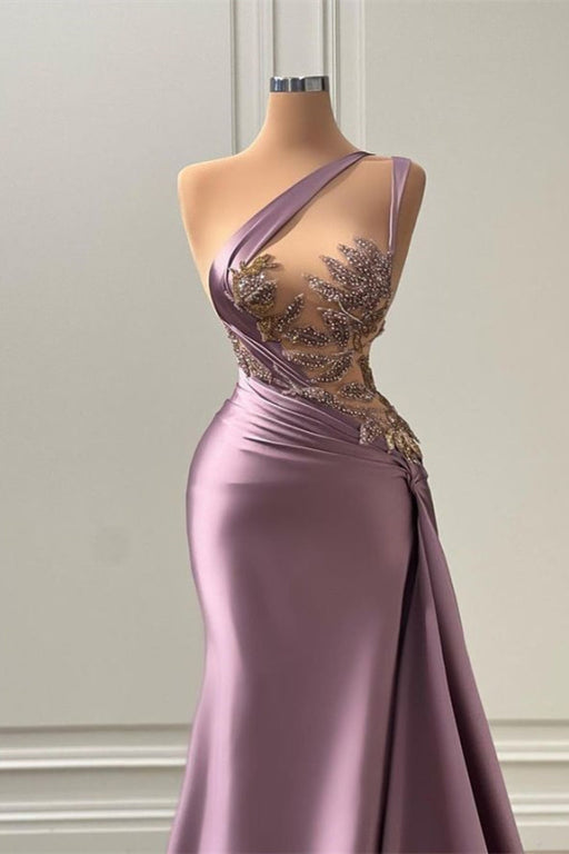 Purple Sleeveless Prom Dress with Strapless Pleated Beadings