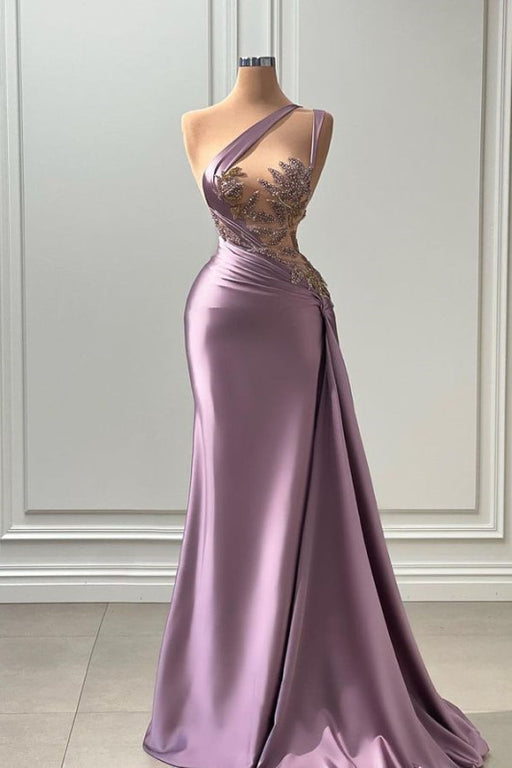 Purple Sleeveless Prom Dress with Strapless Pleated Beadings