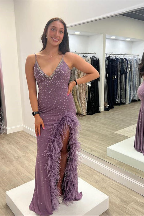 Purple Spaghetti-Strap Long Beaded Prom Dress with Feathers