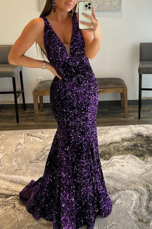 Purple V-Neck Long Sequined Mermaid Prom Dress