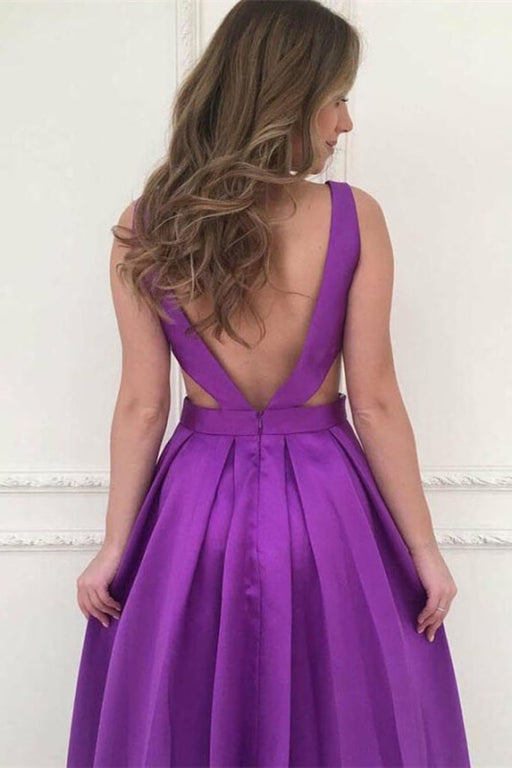 Purple V-Neck Sleeveless A-Line Prom Dress with Pockets