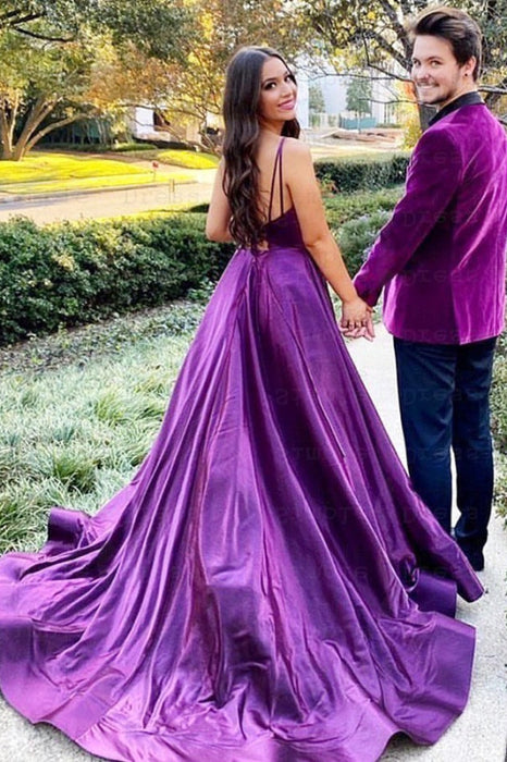 Purple V-Neck Spaghetti-Straps Prom Dress