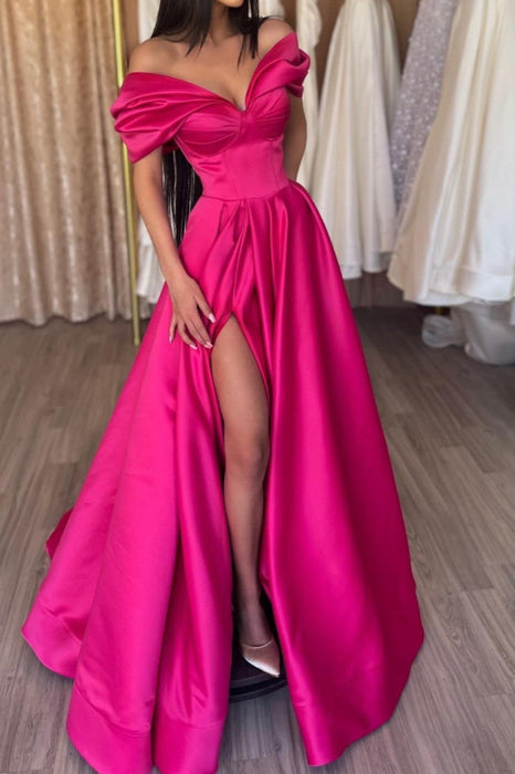 Radiant Fuchsia Portrait Neckline A-Line Prom Gown with Daring Split