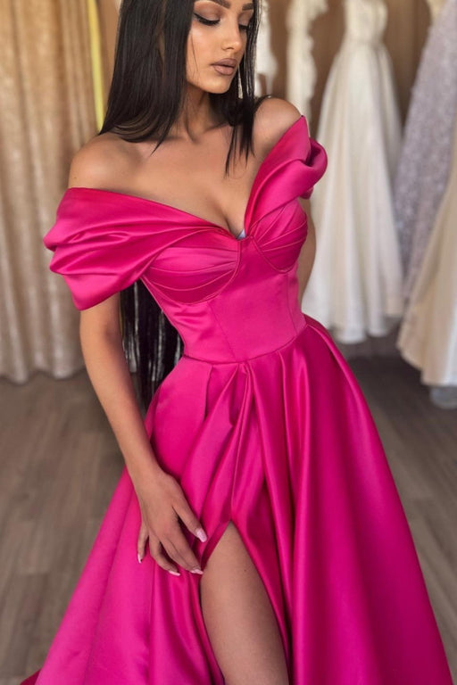 Radiant Fuchsia Portrait Neckline A-Line Prom Gown with Daring Split