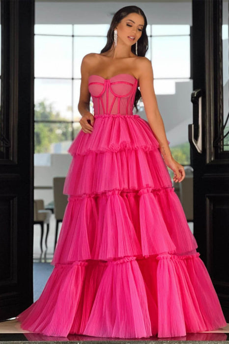 Radiant Hot Pink Sweetheart Prom Gown with Flowing Layers