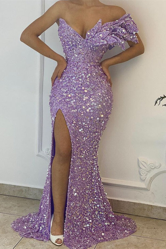 Radiant Lilac Mermaid Prom Dress with V-Neckline and Sparkling Sequin Detailing