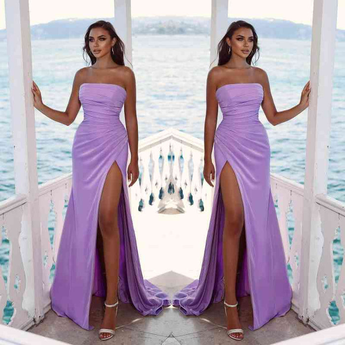 Radiant Orchid Strapless Evening Gown with Slit and Pleats