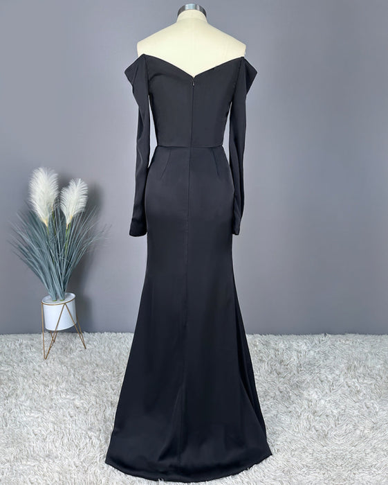 Ravishing Black V-Neck Off-the-Shoulder Prom Gown with High Slit