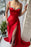 Red Charmeuse Spaghetti-Strap Gown with Beaded High Slit