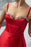 Red Charmeuse Spaghetti-Strap Gown with Beaded High Slit