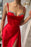 Red Charmeuse Spaghetti-Strap Gown with Beaded High Slit