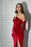 Red Classic V-Neck Prom Dress with Gloves and Pleats