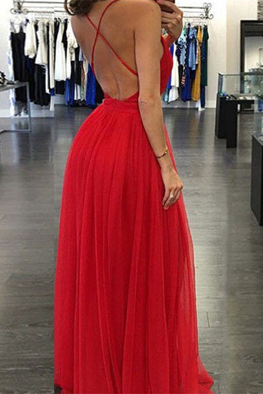 Red Deep V-Neck Long Prom Dress with Slit