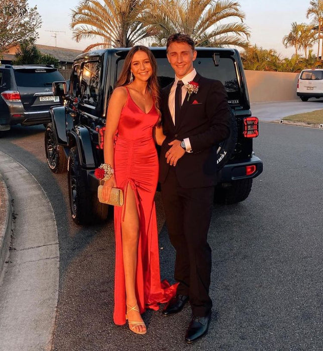 Red Evening Dress with Spaghetti Straps and Slit