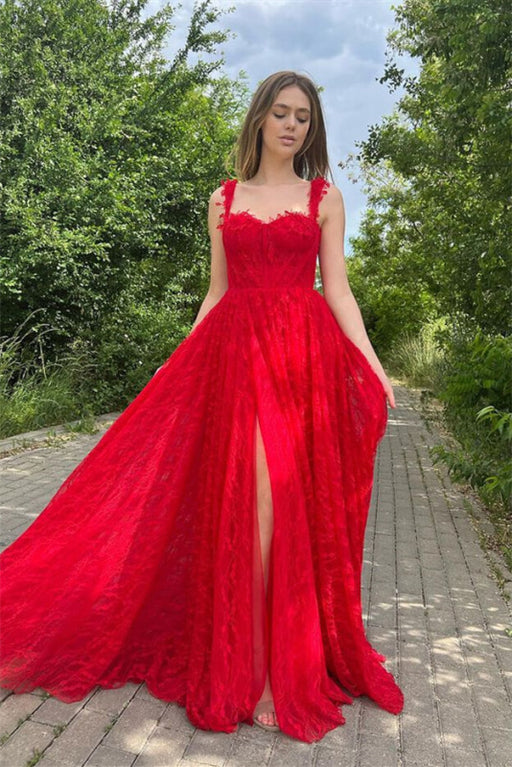 Red Front Split Sleeveless Evening Dress with Appliques