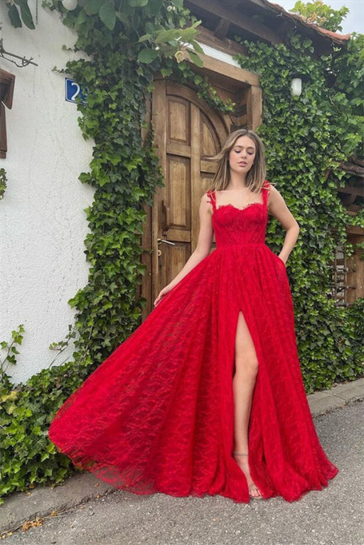 Red Front Split Sleeveless Evening Dress with Appliques