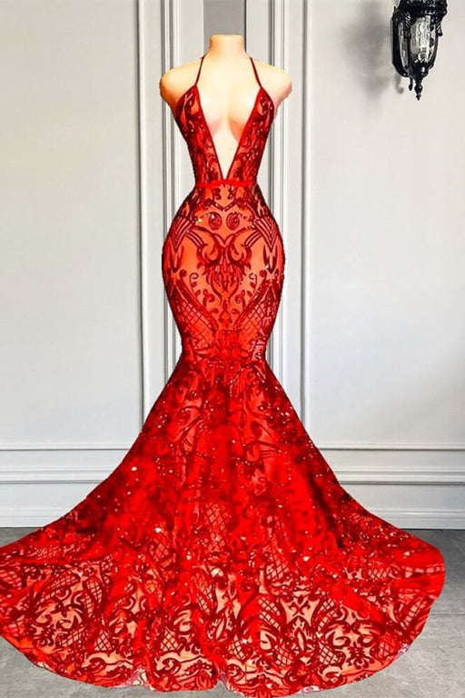 Red Halter Mermaid Prom Dress with Sequins and Lace