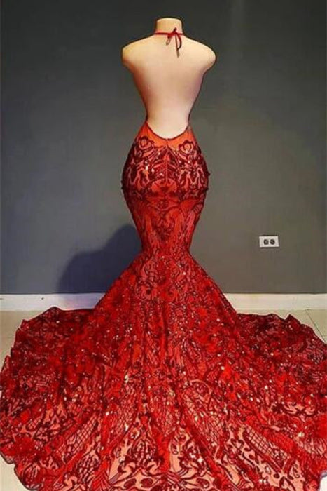 Red Halter Mermaid Prom Dress with Sequins and Lace